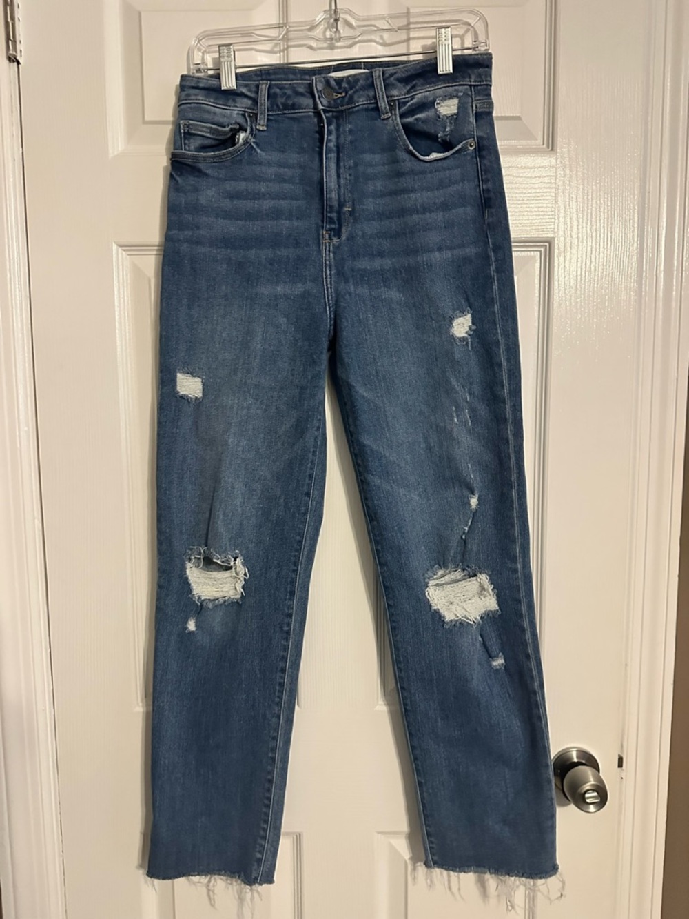 Carly Jean Los Angeles Medium Blue Distressed Straight-Leg Jeans